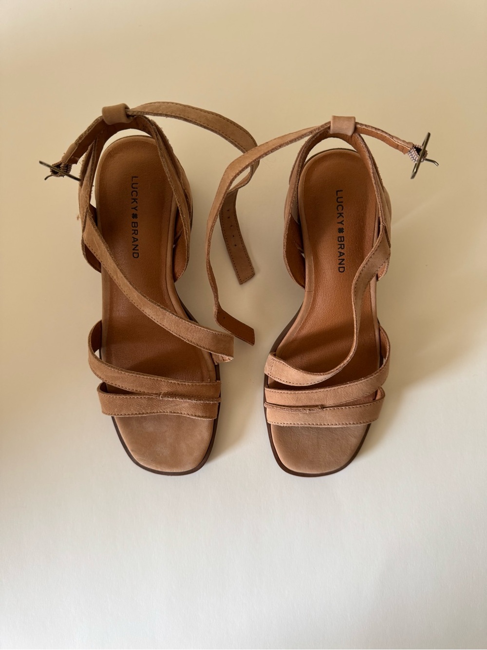 Lucky Brand Tan Suede Strappy Block Heel Sandals - Picture 1 of 10